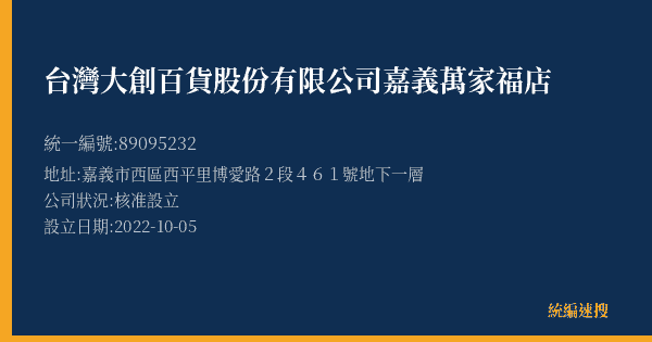 台灣大創百貨股份有限公司嘉義萬家福店的照片-統編 89095232(嘉義市) 公司登記資料與營業項目詳細圖表