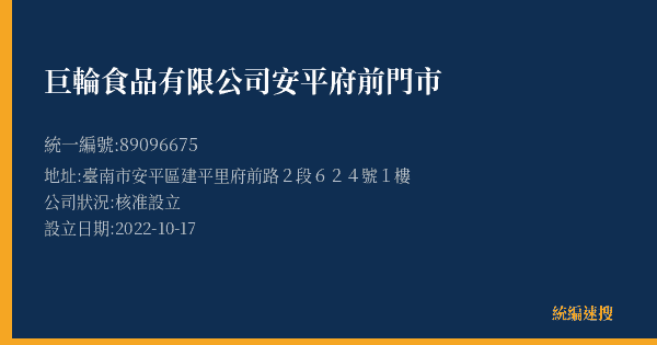 巨輪食品有限公司安平府前門市的照片-統編 89096675(臺南市) 公司登記資料與營業項目詳細圖表