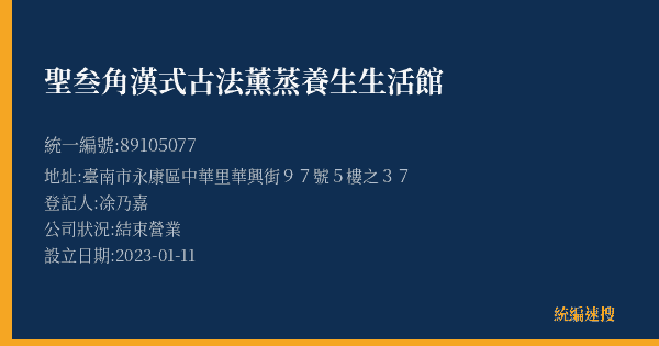 聖叁角漢式古法薰蒸養生生活館的照片-統編 89105077(臺南市) 公司登記資料與營業項目詳細圖表