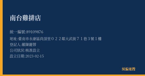南台雞排店的照片-統編 89109876(臺南市) 公司登記資料與營業項目詳細圖表