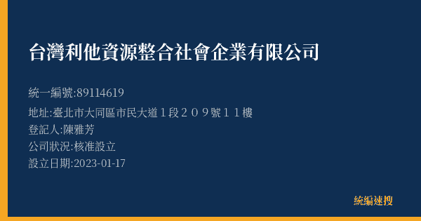 台灣利他資源整合社會企業有限公司的照片-統編 89114619(臺北市) 公司登記資料與營業項目詳細圖表