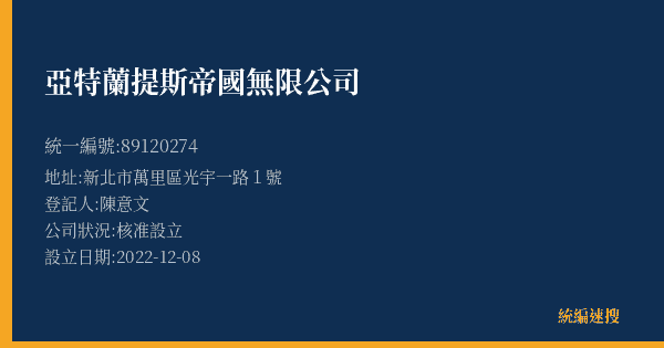 亞特蘭提斯帝國無限公司的照片-統編 89120274(新北市) 公司登記資料與營業項目詳細圖表
