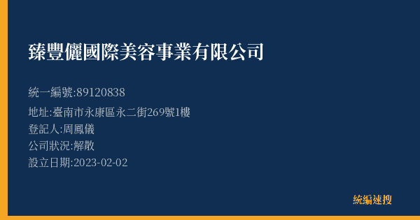 臻豐儷國際美容事業有限公司的照片-統編 89120838(臺南市) 公司登記資料與營業項目詳細圖表