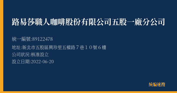 路易莎職人咖啡股份有限公司五股一廠分公司的照片-統編 89122478(新北市) 公司登記資料與營業項目詳細圖表