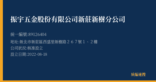 振宇五金股份有限公司新莊新樹分公司的照片-統編 89126404(新北市) 公司登記資料與營業項目詳細圖表