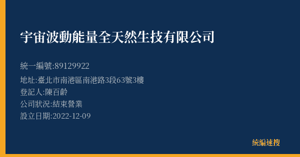 宇宙波動能量全天然生技有限公司的照片-統編 89129922(臺北市) 公司登記資料與營業項目詳細圖表