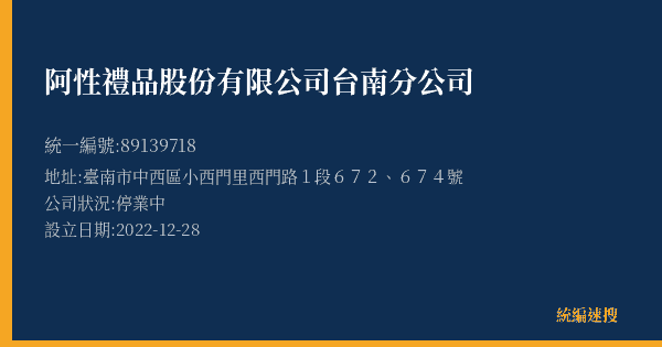 阿性禮品股份有限公司台南分公司的照片-統編 89139718(臺南市) 公司登記資料與營業項目詳細圖表