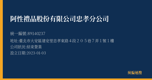 阿性禮品股份有限公司忠孝分公司的照片-統編 89140237(臺北市) 公司登記資料與營業項目詳細圖表