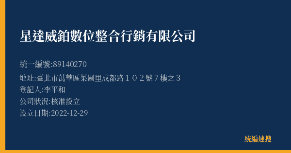 星達威鉑數位整合行銷有限公司的照片-統編 89140270(臺北市) 公司登記資料與營業項目詳細圖表