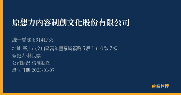 原想力內容制創文化股份有限公司的照片-統編 89141735(臺北市) 公司登記資料與營業項目詳細圖表