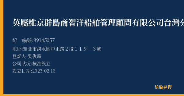 英屬維京群島商智洋船舶管理顧問有限公司台灣分公司的照片-統編 89145057(新北市) 公司登記資料與營業項目詳細圖表