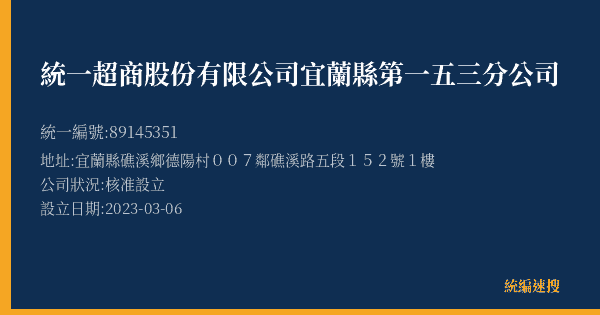 統一超商股份有限公司宜蘭縣第一五三分公司的照片-統編 89145351(宜蘭縣) 公司登記資料與營業項目詳細圖表