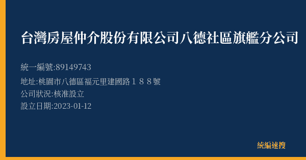 台灣房屋仲介股份有限公司八德社區旗艦分公司的照片-統編 89149743(桃園市) 公司登記資料與營業項目詳細圖表