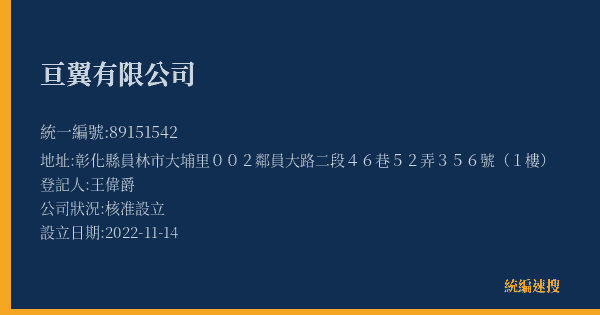 亘翼有限公司的照片-統編 89151542(彰化縣) 公司登記資料與營業項目詳細圖表