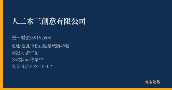 人二木三創意有限公司的照片-統編 89152606(臺北市) 公司登記資料與營業項目詳細圖表