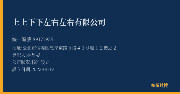 上上下下左右左右有限公司的照片-統編 89171955(臺北市) 公司登記資料與營業項目詳細圖表