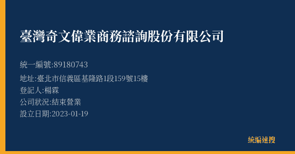 臺灣奇文偉業商務諮詢股份有限公司的照片-統編 89180743(臺北市) 公司登記資料與營業項目詳細圖表