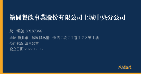 築間餐飲事業股份有限公司土城中央分公司的照片-統編 89187366(新北市) 公司登記資料與營業項目詳細圖表