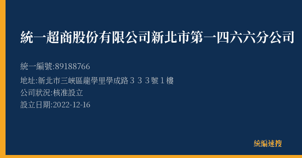 統一超商股份有限公司新北市第一四六六分公司的照片-統編 89188766(新北市) 公司登記資料與營業項目詳細圖表