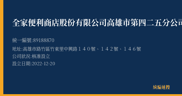 全家便利商店股份有限公司高雄市第四二五分公司的照片-統編 89188870(高雄市) 公司登記資料與營業項目詳細圖表