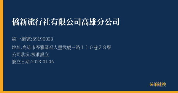 僑新旅行社有限公司高雄分公司的照片-統編 89190003(高雄市) 公司登記資料與營業項目詳細圖表