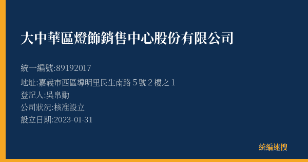 大中華區燈飾銷售中心股份有限公司的照片-統編 89192017(嘉義市) 公司登記資料與營業項目詳細圖表