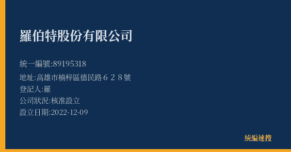 羅伯特股份有限公司的照片-統編 89195318(高雄市) 公司登記資料與營業項目詳細圖表