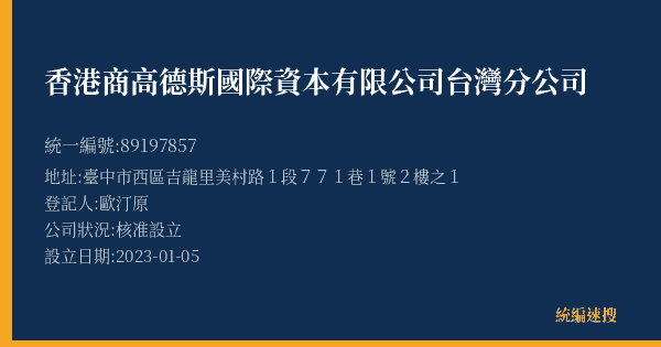 香港商高德斯國際資本有限公司台灣分公司的照片-統編 89197857(臺中市) 公司登記資料與營業項目詳細圖表