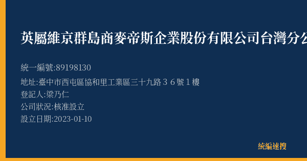 英屬維京群島商麥帝斯企業股份有限公司台灣分公司的照片-統編 89198130(臺中市) 公司登記資料與營業項目詳細圖表