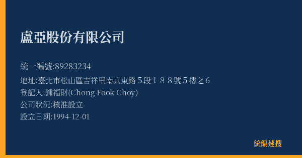盧亞股份有限公司的照片-統編 89283234(臺北市) 公司登記資料與營業項目詳細圖表