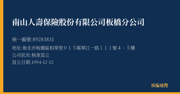 南山人壽保險股份有限公司板橋分公司的照片-統編 89283831(新北市) 公司登記資料與營業項目詳細圖表