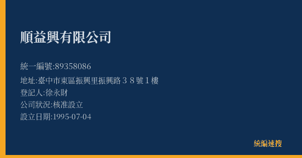 順益興有限公司的照片-統編 89358086(臺中市) 公司登記資料與營業項目詳細圖表