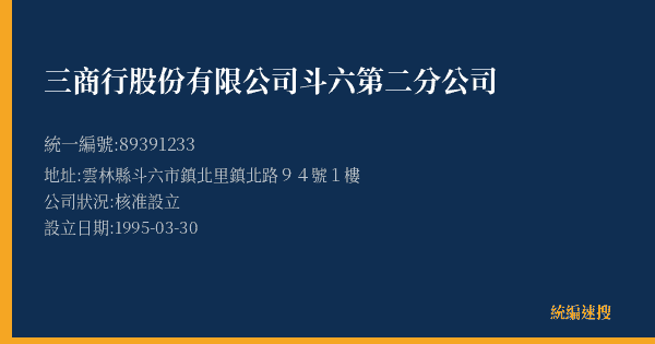 三商行股份有限公司斗六第二分公司的照片-統編 89391233(雲林縣) 公司登記資料與營業項目詳細圖表