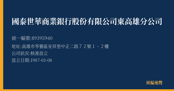 國泰世華商業銀行股份有限公司東高雄分公司的照片-統編 89395940(高雄市) 公司登記資料與營業項目詳細圖表