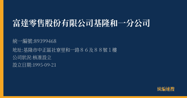 富達零售股份有限公司基隆和一分公司的照片-統編 89399468(基隆市) 公司登記資料與營業項目詳細圖表