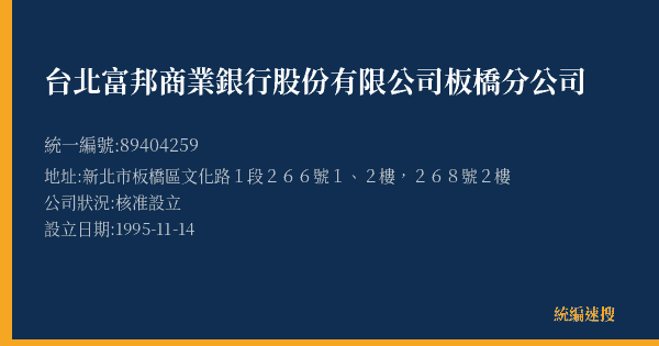 台北富邦商業銀行股份有限公司板橋分公司的照片-統編 89404259(新北市) 公司登記資料與營業項目詳細圖表