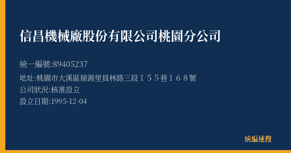 信昌機械廠股份有限公司桃園分公司的照片-統編 89405237(桃園市) 公司登記資料與營業項目詳細圖表
