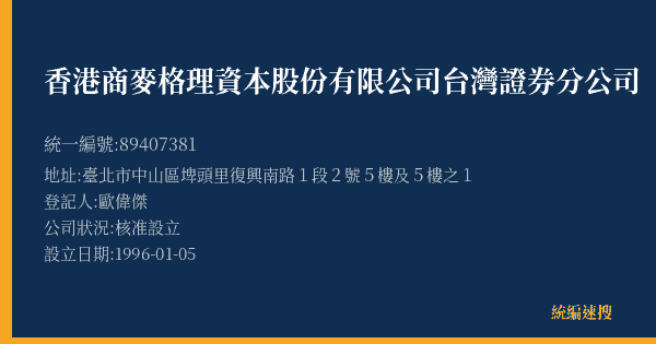 香港商麥格理資本股份有限公司台灣證券分公司的照片-統編 89407381(臺北市) 公司登記資料與營業項目詳細圖表