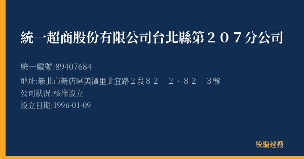 統一超商股份有限公司台北縣第207分公司的照片-統編 89407684(新北市) 公司登記資料與營業項目詳細圖表