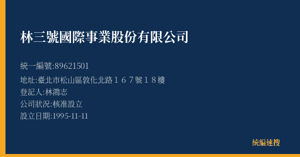 林三號國際事業股份有限公司的照片-統編 89621501(臺北市) 公司登記資料與營業項目詳細圖表