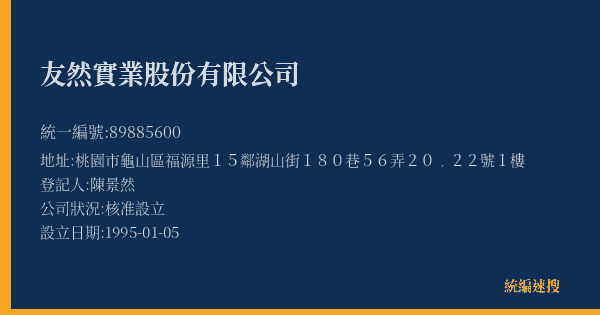友然實業股份有限公司的照片-統編 89885600(桃園市) 公司登記資料與營業項目詳細圖表