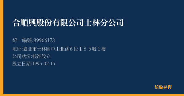 合順興股份有限公司士林分公司的照片-統編 89966173 公司登記資料與營業項目詳細圖表