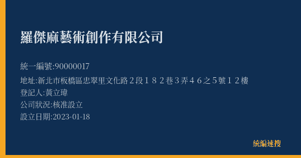 羅傑麻藝術創作有限公司的照片-統編 90000017(新北市) 公司登記資料與營業項目詳細圖表