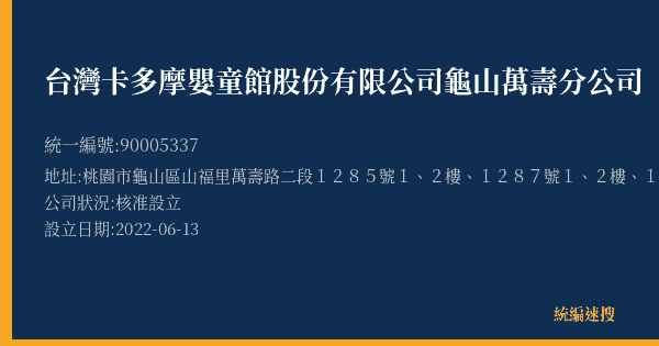 台灣卡多摩嬰童館股份有限公司龜山萬壽分公司的照片-統編 90005337(桃園市) 公司登記資料與營業項目詳細圖表