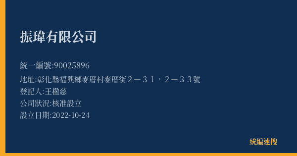 振瑋有限公司的照片-統編 90025896(彰化縣) 公司登記資料與營業項目詳細圖表