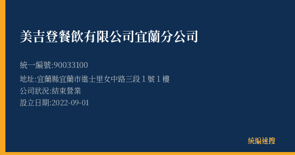 美吉登餐飲有限公司宜蘭分公司的照片-統編 90033100(宜蘭縣) 公司登記資料與營業項目詳細圖表