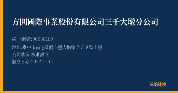 方圓國際事業股份有限公司三千大墩分公司的照片-統編 90038169(臺中市) 公司登記資料與營業項目詳細圖表