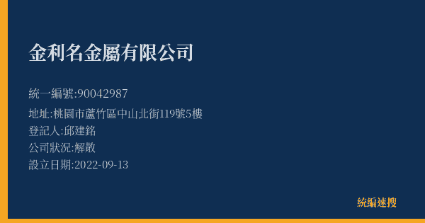 金利名金屬有限公司的照片-統編 90042987(桃園市) 公司登記資料與營業項目詳細圖表