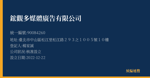 鋐觀多媒體廣告有限公司的照片-統編 90084260(臺北市) 公司登記資料與營業項目詳細圖表