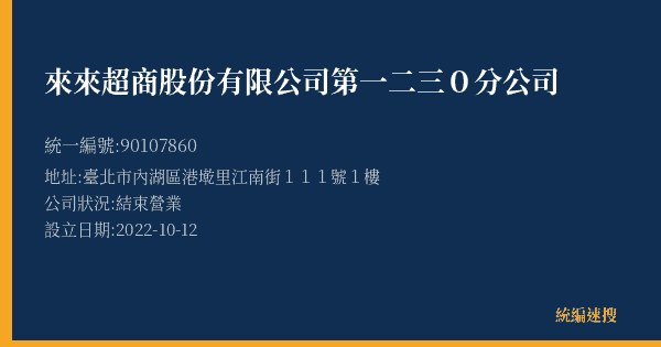 來來超商股份有限公司第一二三0分公司的照片-統編 90107860(臺北市) 公司登記資料與營業項目詳細圖表